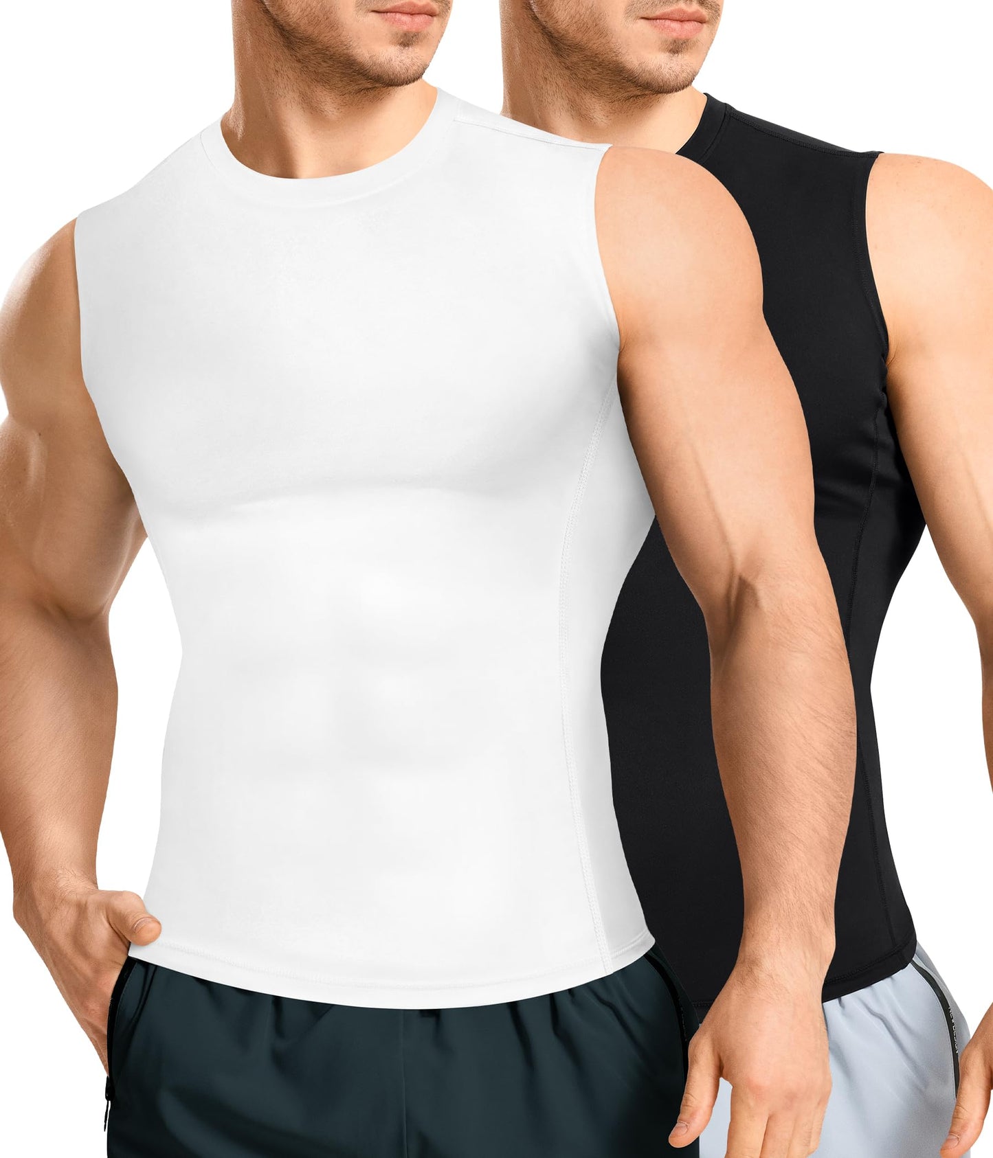 Eleady 2 Packs Compression Shirt Men Workout Shirts Athletic Base Layer Sleeveless Tank Top Slimming Undershirt - Large, Black+White