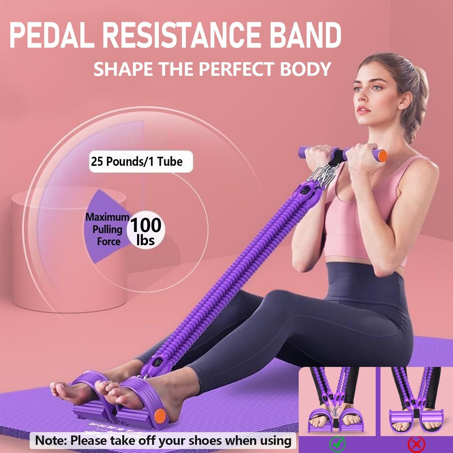Skiennix Adjustable Foot Pedal Resistance Band - 4-Tube Ankle Puller for Full Body Workouts | Purple