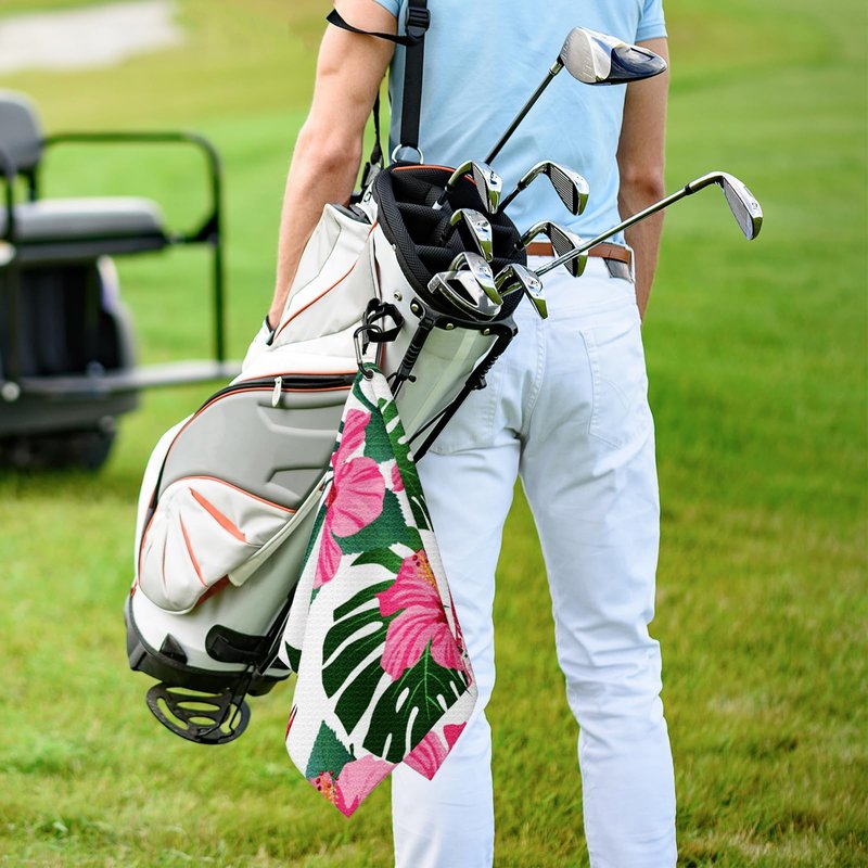 BEITUOLA Tropical Floral Golf Towel 2 Packs for Golf Bags Men Women Hawaiian Plants Pink Hibiscus Flowers Microfiber Waffle Towel with Clip Funny Golf Gift Accessories