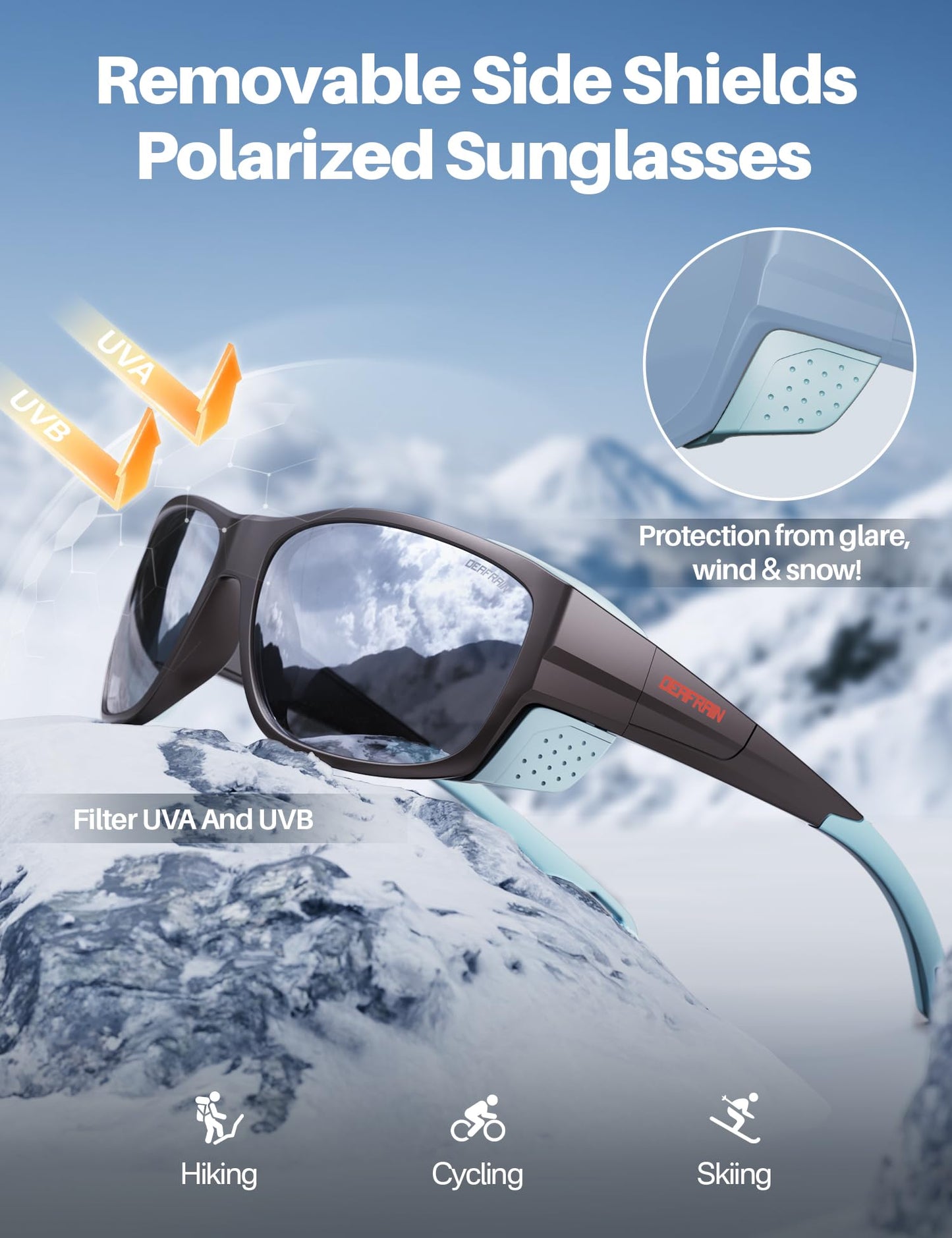 DEAFRAIN Sport Polarized Sunglasses for Men Women with Removable Side Shields for Hiking Skiing Climbing Traveling Glasses UV400 Protection