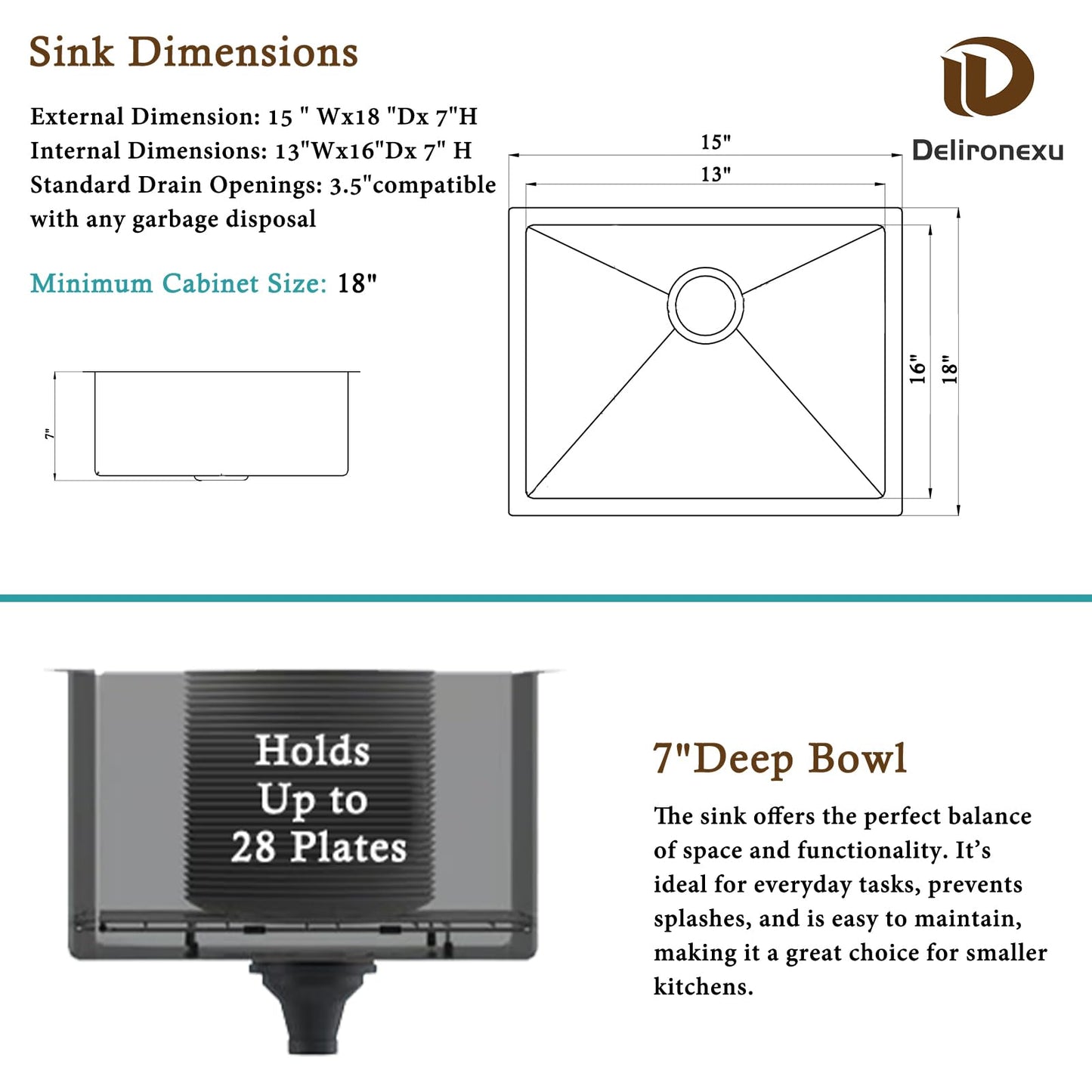 15x18 Inch Bar Sink Undermount – Delironexu 18 Gauge Stainless Steel Small Kitchen Sink, 15"x18"x7" Small Bar Sinks, Single Bowl Wet bar sink with Brushed Finish for Outdoor, RV, and Prep Use