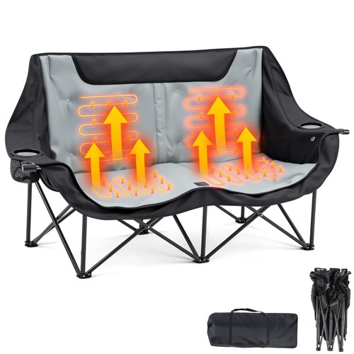 Low Double Heated Double Camping Chair for Adults, Oversized 660lbs Camping Chair with 4 Heating Zones & 3 Heat Levels Folding Seat with Padded for Outdoor Sports Lawn Hunting, Use 5v/3a Power Bank