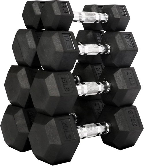 Fitvids Rubber Encased Hex Dumbbell Set - Includes 5 Pairs (5-20LB) - Durable Black Weights