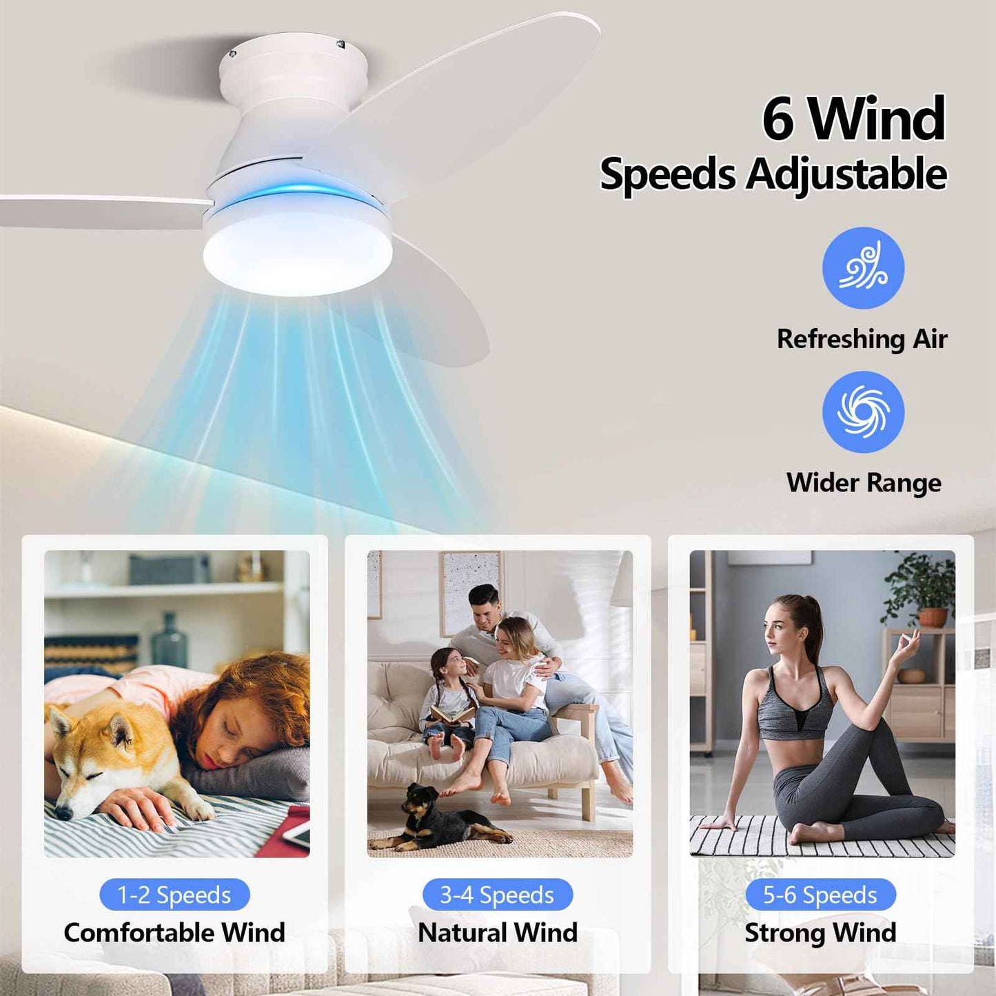 Le Breeze Luxus Flush Mount Ceiling Fans with Lights 42 Inch, 3 Blade LED Low Profile Ceiling Fans with Remote for Bedroom Living Room Patio, Dimmable, 3CCT, Quiet Reversible DC Motor, White