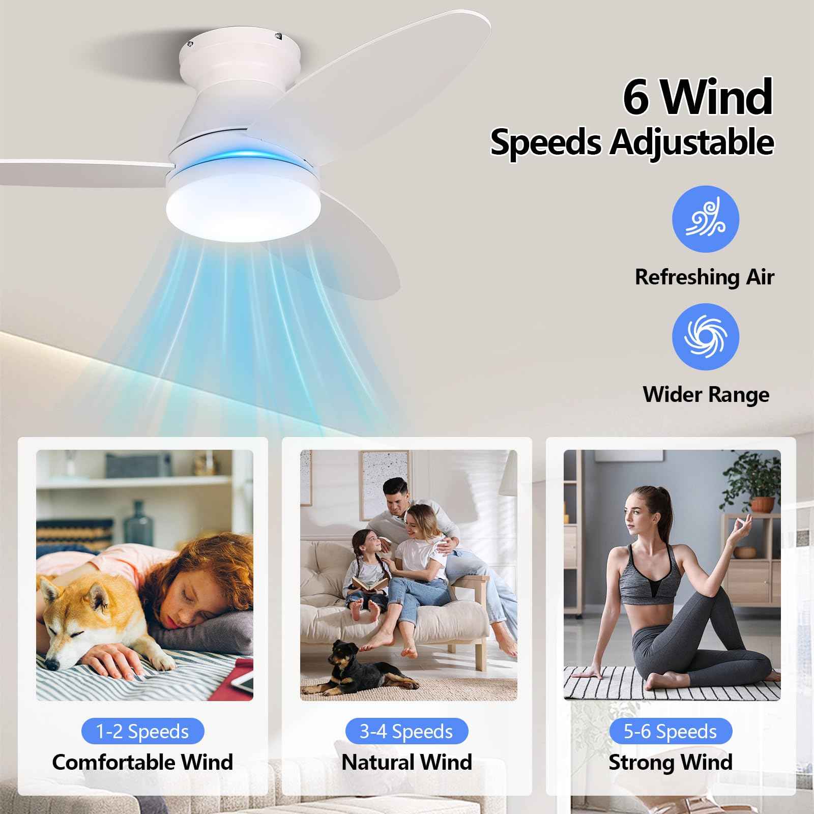 Le Breeze Luxus Flush Mount Ceiling Fans with Lights 42 Inch, 3 Blade LED Low Profile Ceiling Fans with Remote for Bedroom Living Room Patio, Dimmable, 3CCT, Quiet Reversible DC Motor, White
