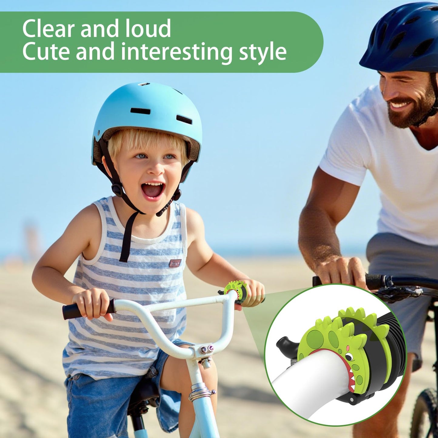 Bike Bell for Kids Dinosaur,110dB Loud, Fits 22.2-25.4mm Handlebars, Mountain/Road Bike & Scooter Safety for Boys Girls,Green-1Pack.