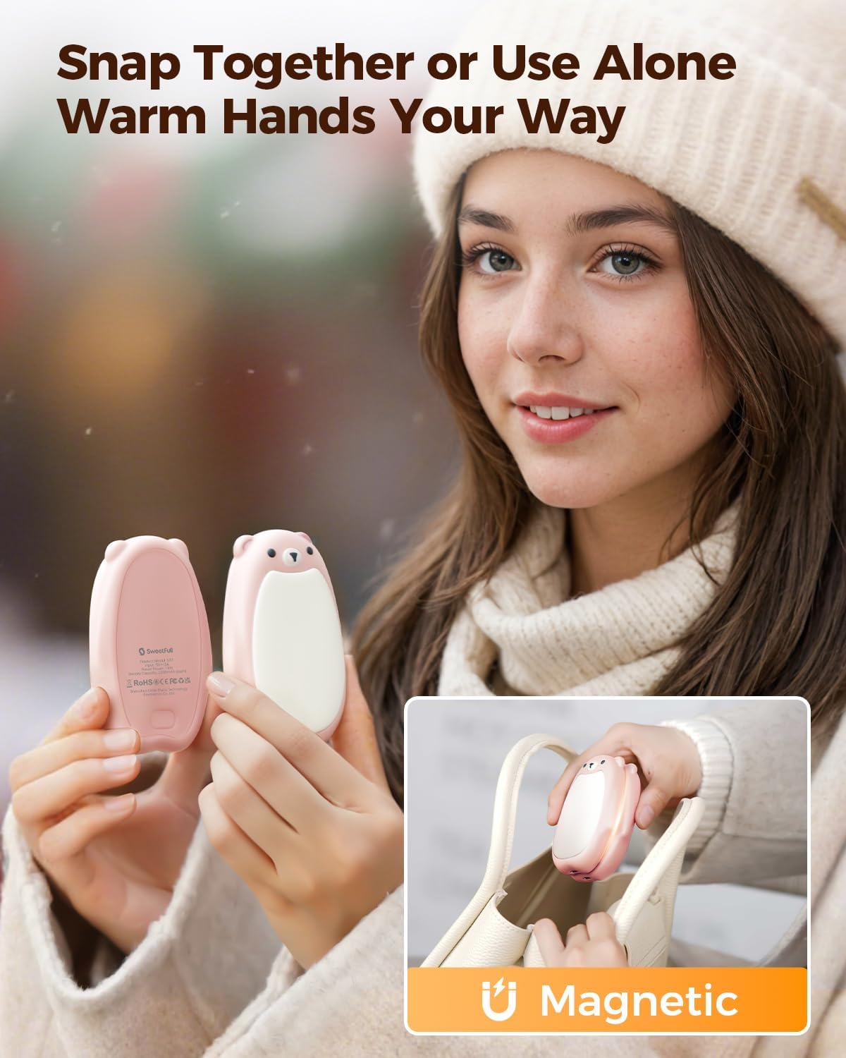 Sweetfull Hand Warmers - Rechargeable Cute Bear Design | 2 Pack Magnetic Hot Hands, Portable Electric Heater for Outdoor & Camping