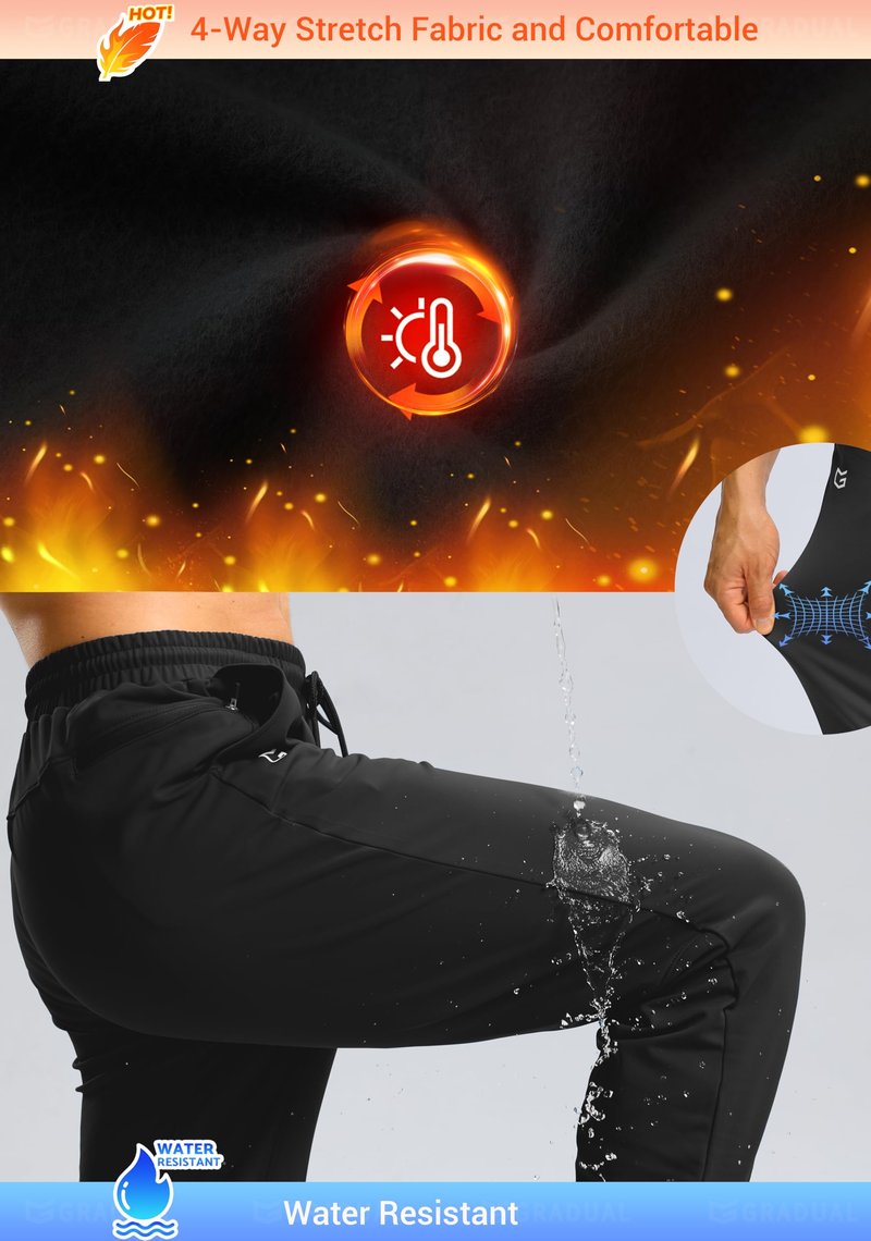 G Gradual Men's Fleece Lined Athletic Pants with Zipper Pocket Winter Warm Joggers Water Resistant Running Sweatpants for Men(Black,M)