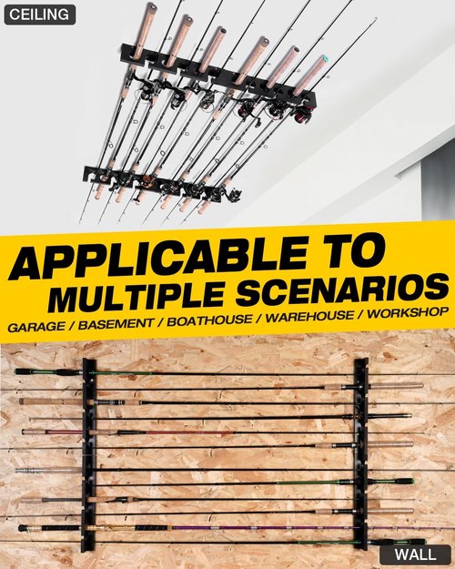 Ghosthorn Fishing Pole Rod Rack - Wall/Ceiling Mounted Organizer for Garage Storage | Durable Fishing Gear Holder