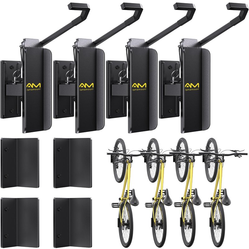 Alphamount AM Swivel Bike Wall Mount, Metal Wall Bike Rack with Durable Sleeves, Space-Saving Vertical Bike Rack with 180° Swivel for Home and Garage, Bike Wall Mount Up to 66 lbs, 4-Pack