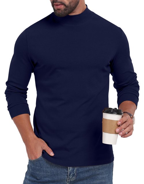 Sailwind Men Mock Neck Cotton Long Sleeve T Shirt Lightweight Base Layer Basic Pullover Navy Blue