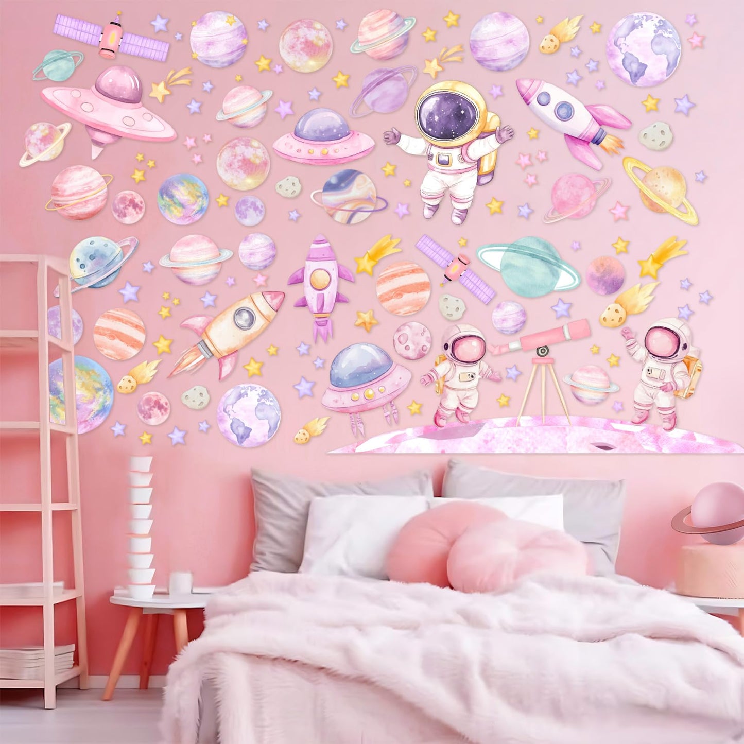 Kreatwow 2pcs Outer Space Wall Stickers for Girl Outer Space Wall Decorations Pink Astronaut Planet Decal Solar System Birthday Decoration Galaxy Rocket Cling Sticker Galaxy Astronaut Party Home Decor