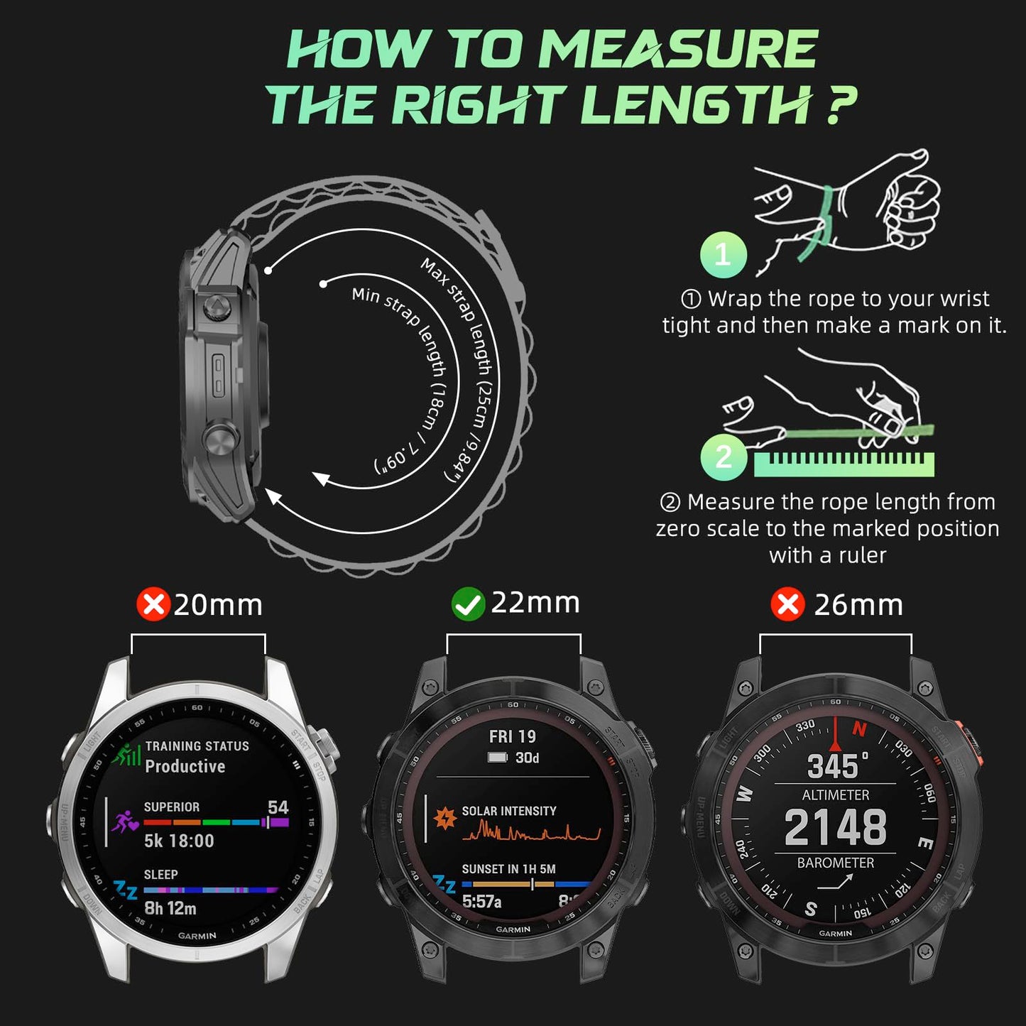 RoYiio Nylon Sport Band for Garmin Fēnix/Epix/Quatix/MARQ Series/Descent Series/D2 Series/Enduro/Tactix, Comfortable Breathable, Tough Replacement Strap with G-hook for QuickFit 22 mm - Black