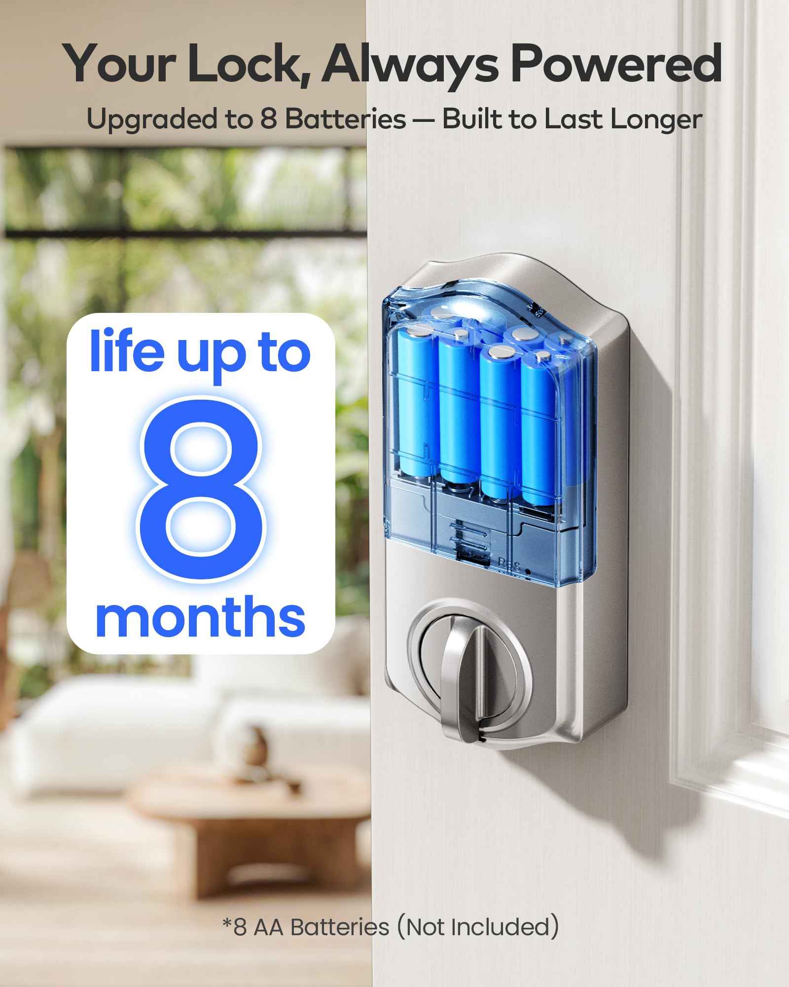 TEEHO TE012W WiFi Smart Lock, Fingerprint Door Lock with Built-in Wi-Fi, Keyless Entry Keypad Smart Deadbolt, App Remote Control, Alexa Compatible, IP55 Waterproof for Front Door – Satin Nickel