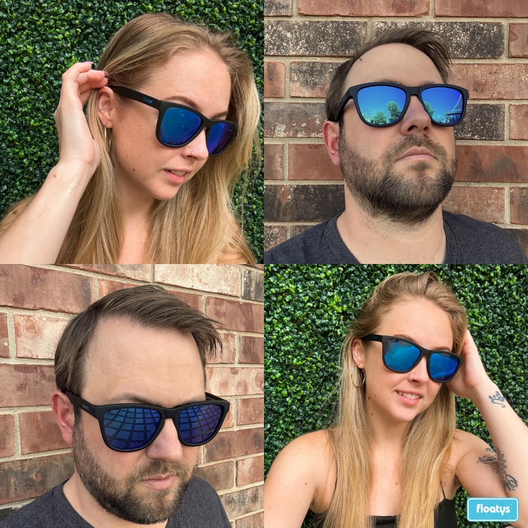 Floatys Floating Sunglasses Rubberized Eddys | Polarized Water Repelling Lenses | No Slip Frame | Lightweight | Men and Women (Black Frame/Blue Mirror Lens)