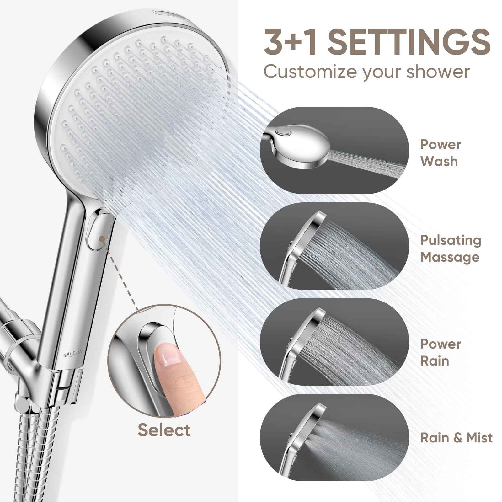 LEIVI High Pressure Shower Head, 4-mode Handheld Showerheads with 70 Inch Stainless Steel Hose, Built-in Power Wash to Clean Tub, Tile & Pets, Anti-clog Nozzles, Adjustable Bracket, Chrome