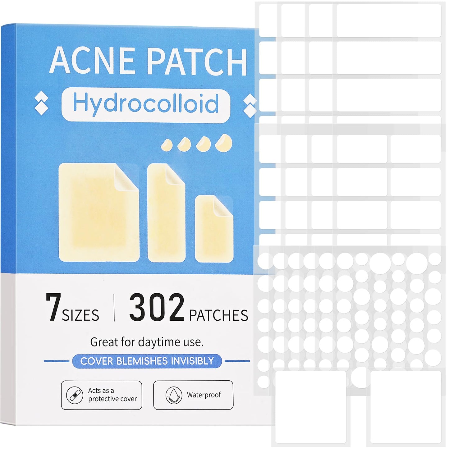 Large Pimple Patches for Face, 7 Sizes XL Acne Patches Big Hydrocolloid Bandages for Body, Chin, Forehead, Chest, Back Zit Breakouts (Strip, Square, Round 302 Count)