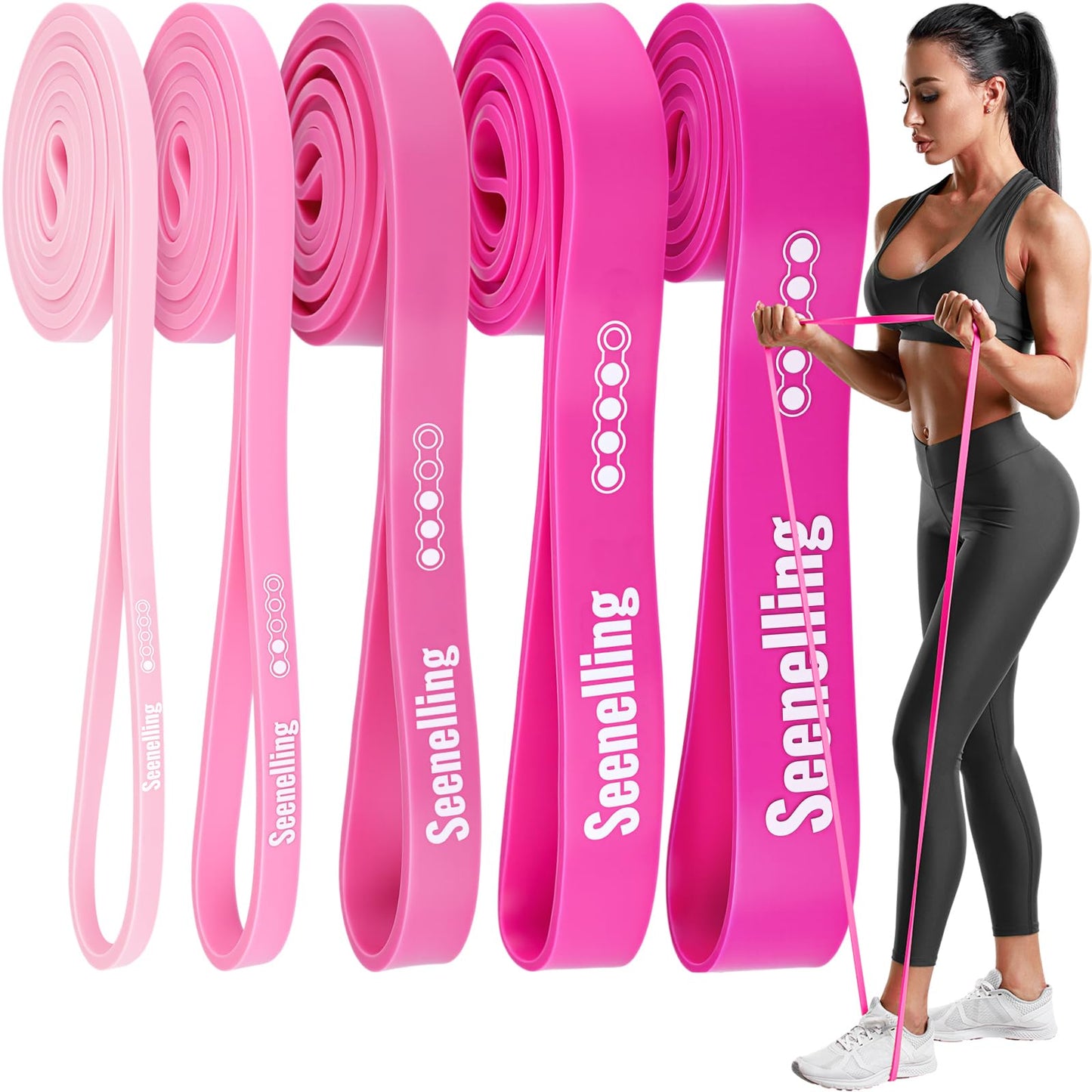 Seenelling Resistance Bands for Exercise Working Out, 5-Level Pull-Up Assistance Full-Body Training Bands for Women Men Home Workouts, Physical Therapy, Strength Training (Rose Pink)