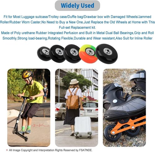 Luggage Suitcase Replacement Wheels Set Suitcase Spinner Wheels 8Pcs PU Bearing Wheels-Install Dia 2in/50mm Width 0.63in/16mm with 2 Size Axles for Trolley Bag Drawbar Box Smooth Rolling Repair