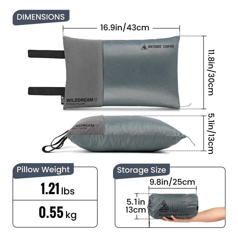 ONETIGRIS Wilddream Camping Pillow, Shredded Small Memory Foam Pillow, Compact, Easy Clean, Comfortable for Backpacking, Travel, and Car Trips, 4 Season Use