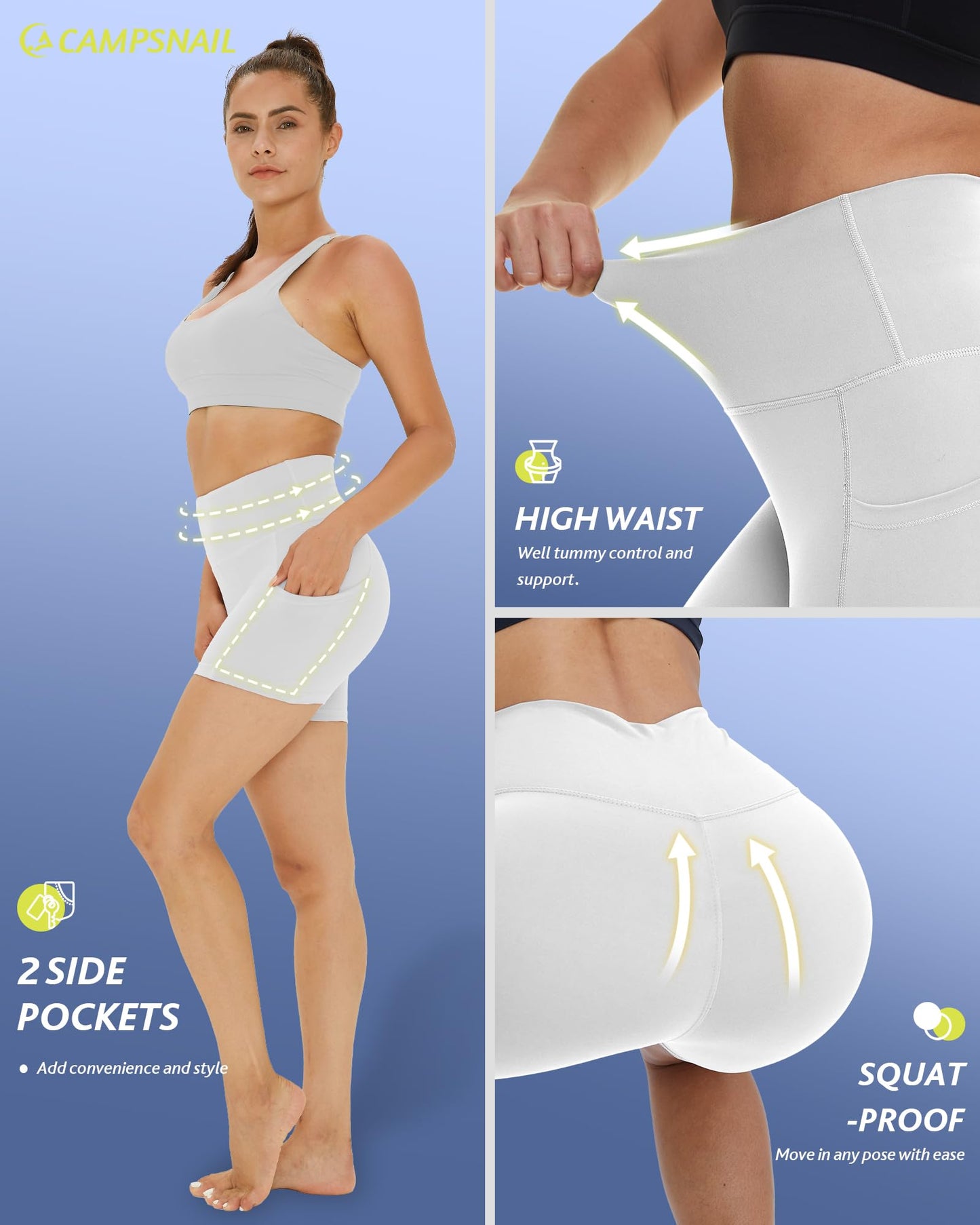 CAMPSNAIL 4 Pack Biker Shorts Women with Pockets – 5"/8" High Waist Tummy Control Workout Gym Yoga Running Compression Shorts