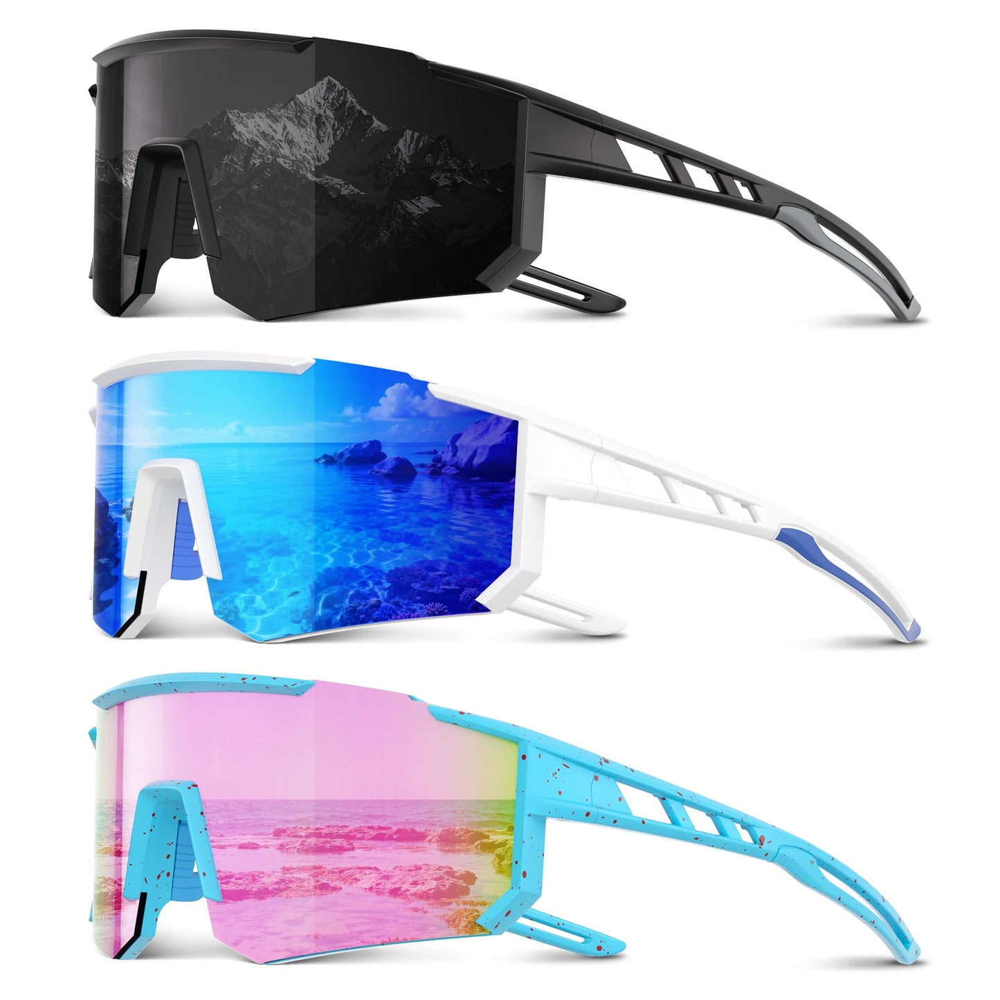 Foliful 3 Pack Polarized Sports Sunglasses Men Women, Running Mens Sunglasses UV Protection for Baseball Cycling Fishing, Ice Blue/Grey/Pink Green