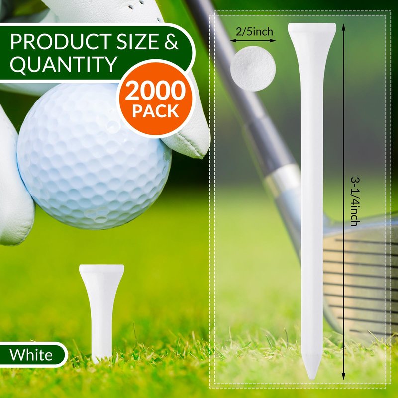 Mudder 2000 Pcs Bamboo Golf Tees Bulk Professional Golf Tees Reduce Friction Side Spin for Club Men Women Kids Accessories (3-1/4 Inch,White)