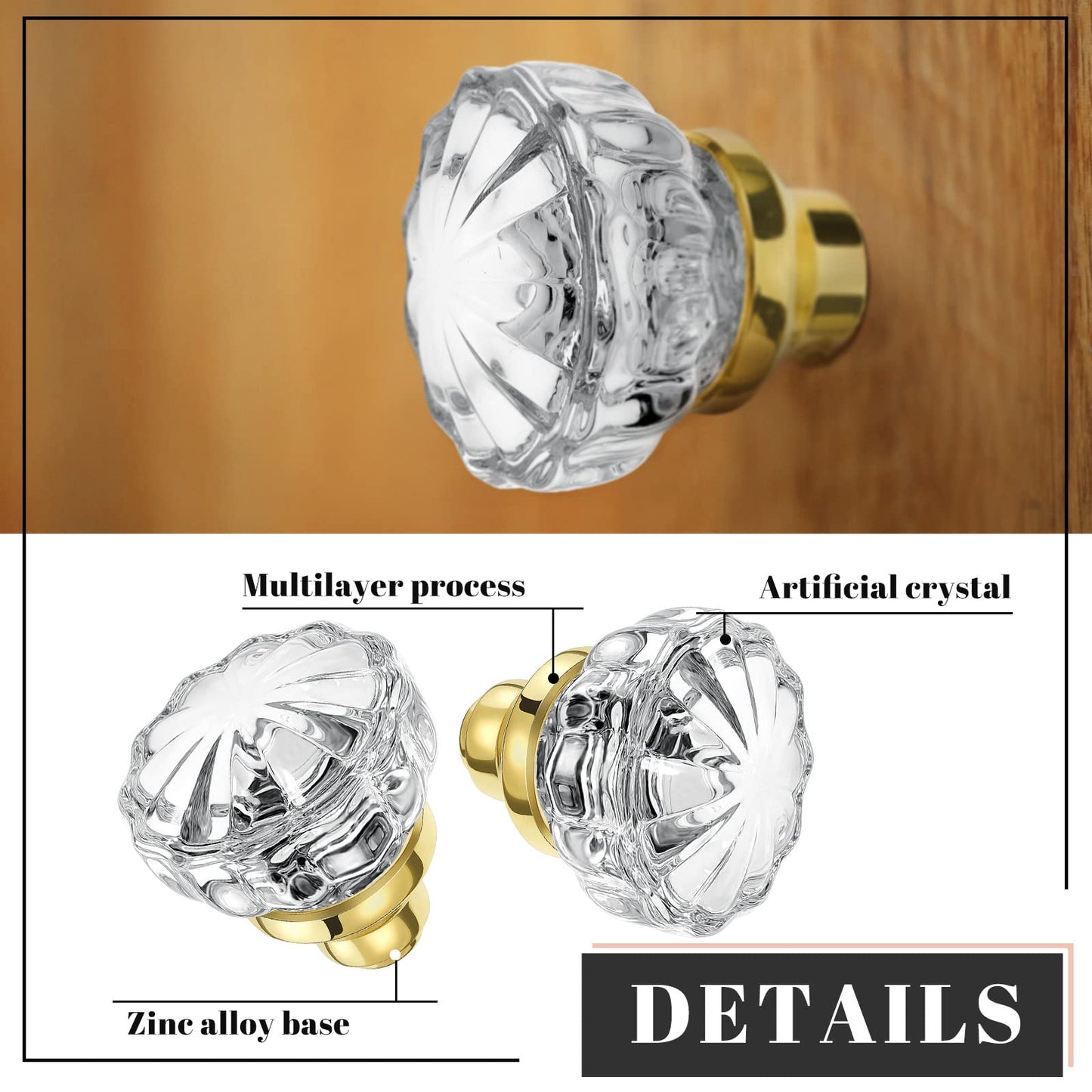 Amylove 8 Set Crystal Door Knobs Mortise Style Fluted Glass Door Knobs Antique with Spindle Antique Doorknobs for Interior Doors (Gold)