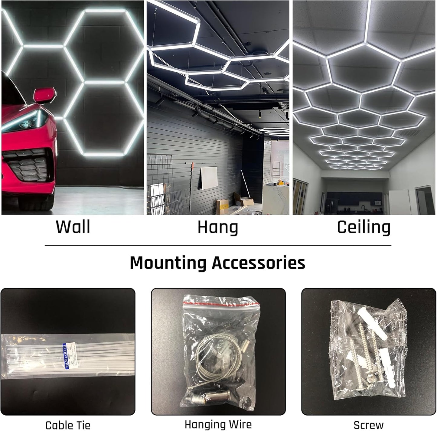 Gneng Hexagon Garage Lights, Ultra Bright LED 6500K 156W 17280LM; Hex Light for Garage Lights Ceiling Led, Barber, Workshop, Basement,Gym (5 Grids Hexagon Light)