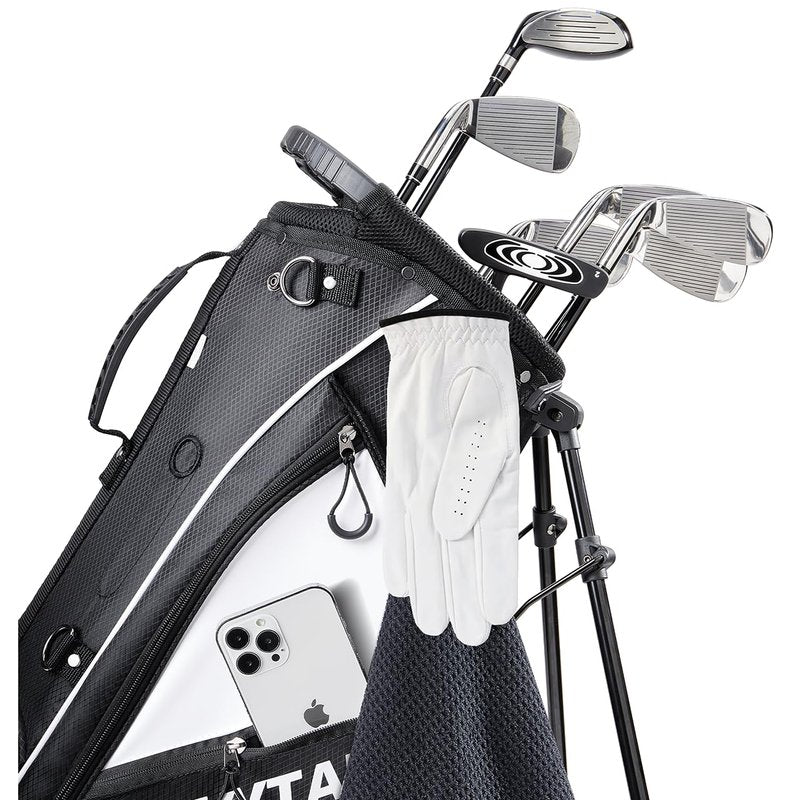 KYTAI Lightweight 7 Way Divider Golf Stand Bag for Men/Women- Dual Straps, Stable Stand, Multiple Pockets, Rain Hood & Towel Ring (Black/White)