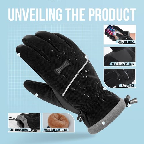 GOUNOD Winter Gloves for Women Men, Thermal Insulated Waterproof Windproof Cold Weather Gloves, Touch Screen Compatible, Non-Slip Grip for Running, Driving, Cycling, Hiking (Black, L -Female/M -Male)