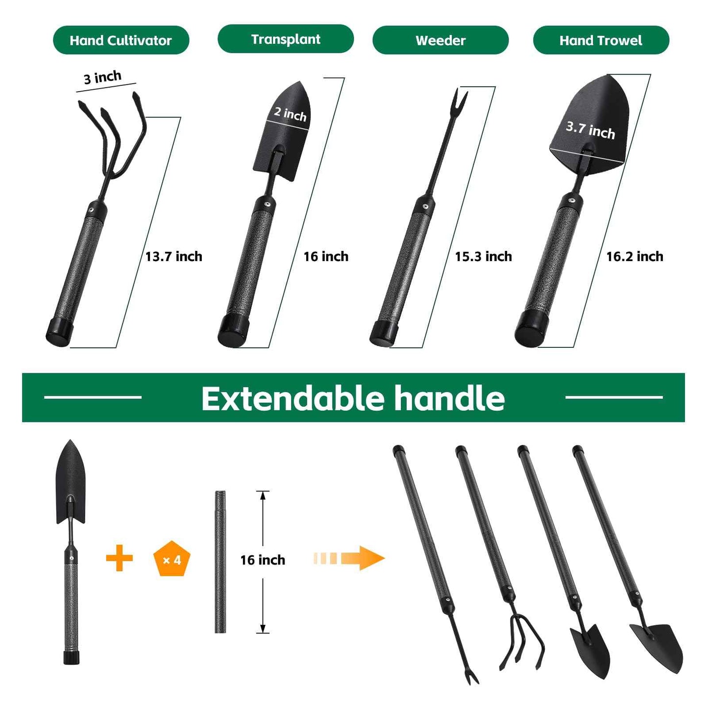 Garden Tools Set with Extension Handles, 5 Piece Thick Gardening Hand Tools, Heavy Duty Steel Rust-Proof Weeding Planting Tool Ideal Gardening Kit Gifts for Women and Men