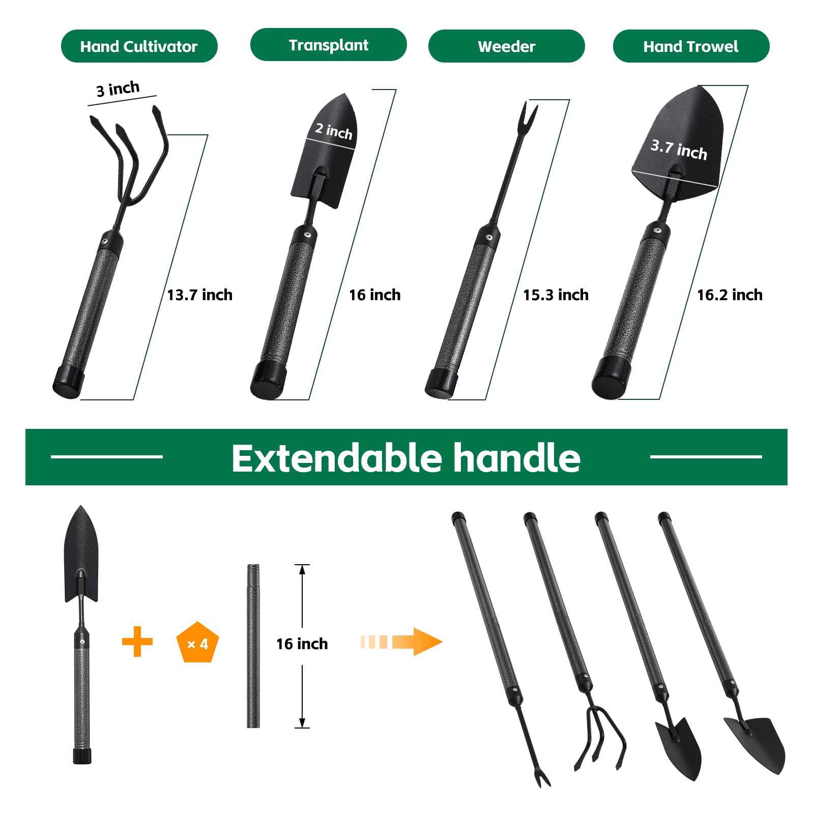 Garden Tools Set with Extension Handles, 5 Piece Thick Gardening Hand Tools, Heavy Duty Steel Rust-Proof Weeding Planting Tool Ideal Gardening Kit Gifts for Women and Men