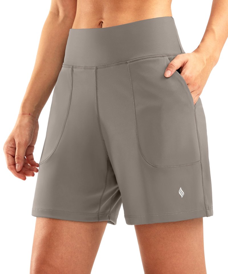 SANTINY Women's 6'' Athletic Long Shorts with 4 Pockets High Waisted Bermuda Shorts for Women Walking Running Casual (Light Khaki_M)