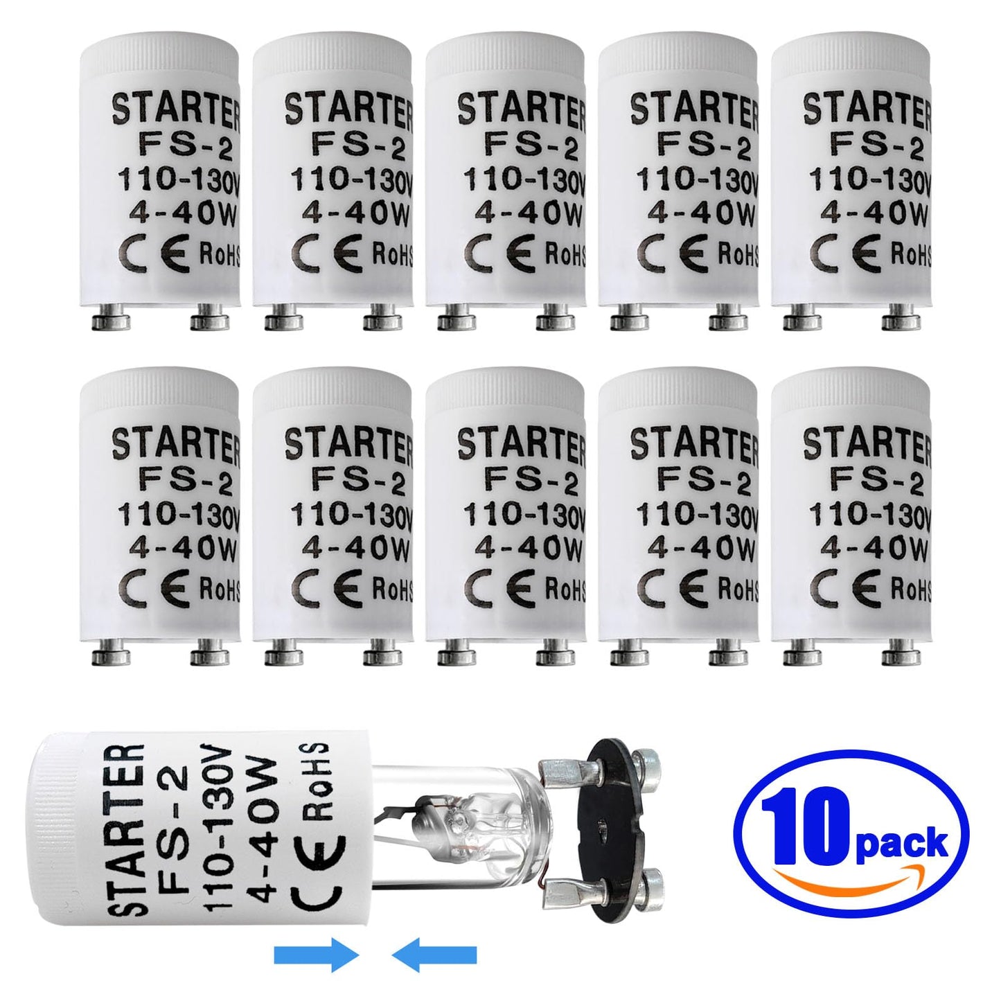 Konideke Fluorescent Starter, 4-40W, T8, 10 Count, Indoor, Long Lasting, 1.1E+2V AC, Compatible with GE, FS-2, FS-5, Preheat Fluorescent Lamps