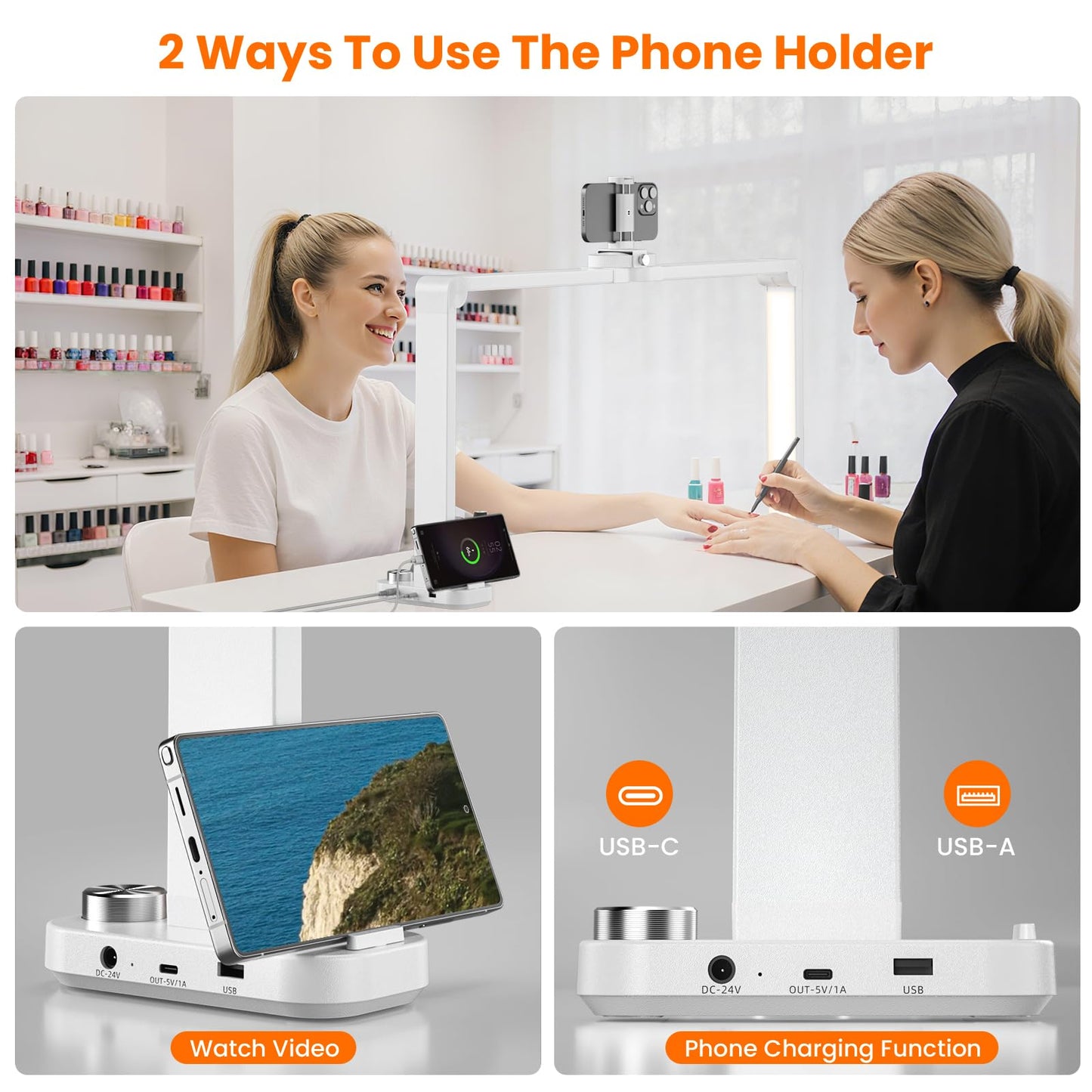 TiInsta Nail Light for Desk,34 Inch 48W Half Moon Light-Adjustable 3000K-6000K Color Temp, 0-100% Brightness,Nails lamp with Phone Stand,for Nails Art,Tattoo,Eyebrow,Beauty,Reading,Salon