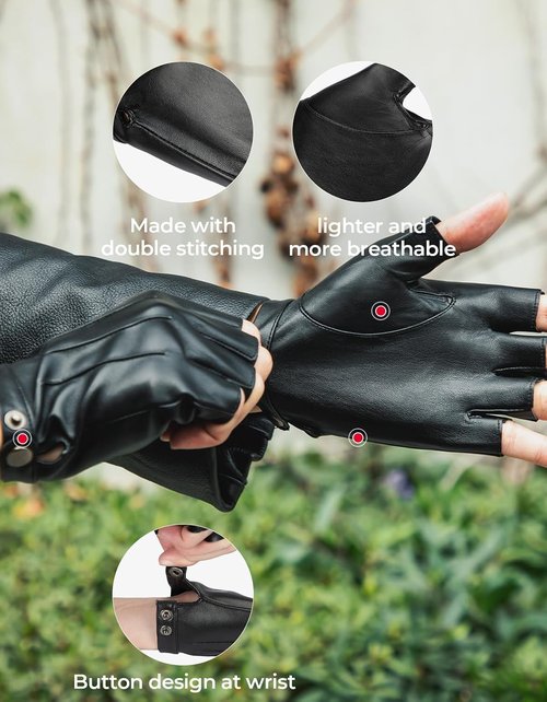 KEMIMOTO Fingerless Driving Gloves - PU Faux Leather Outdoor Sport Gloves for Men & Women | Black