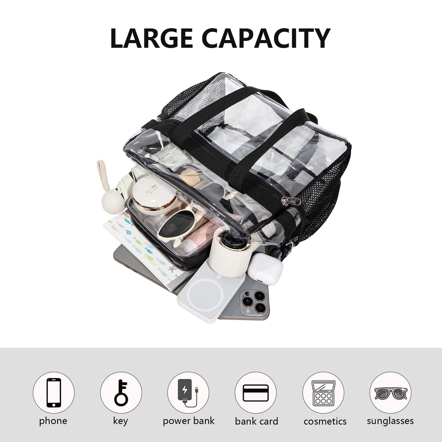 LERASO Clear PVC Transparent Tote Bag, Heavy Duty Waterproof Clear Crossbody Bag Stadium Approved with Adjustable Removable Strap for Concerts, Sports, Work, Beach & Daily Use,Black