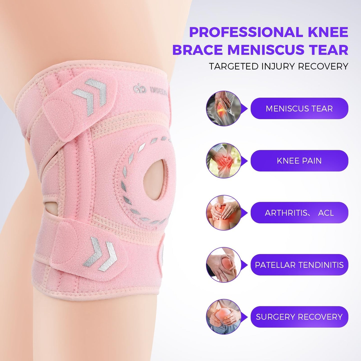 INDEEMAX Knee Brace for Women & Men, Adjustable Knee Support with Side Stabilizers & Patella Gel Pads for Knee Pain, Meniscus Tear, ACL, MCL, Arthritis, Injury Recovery, Running, Workout, Pink