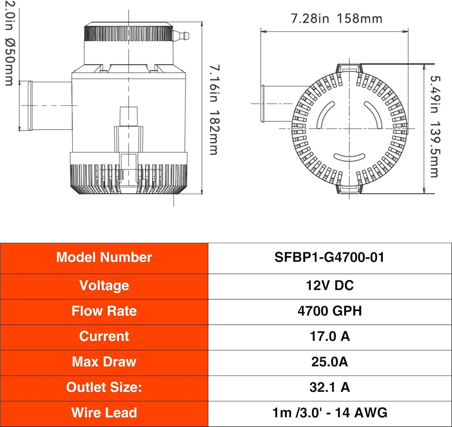 SEAFLO 01 Series 4700 GPH Bilge Pump - 12V Marine Submersible Pump with Anti-Airlock Protection & 4-Year Warranty