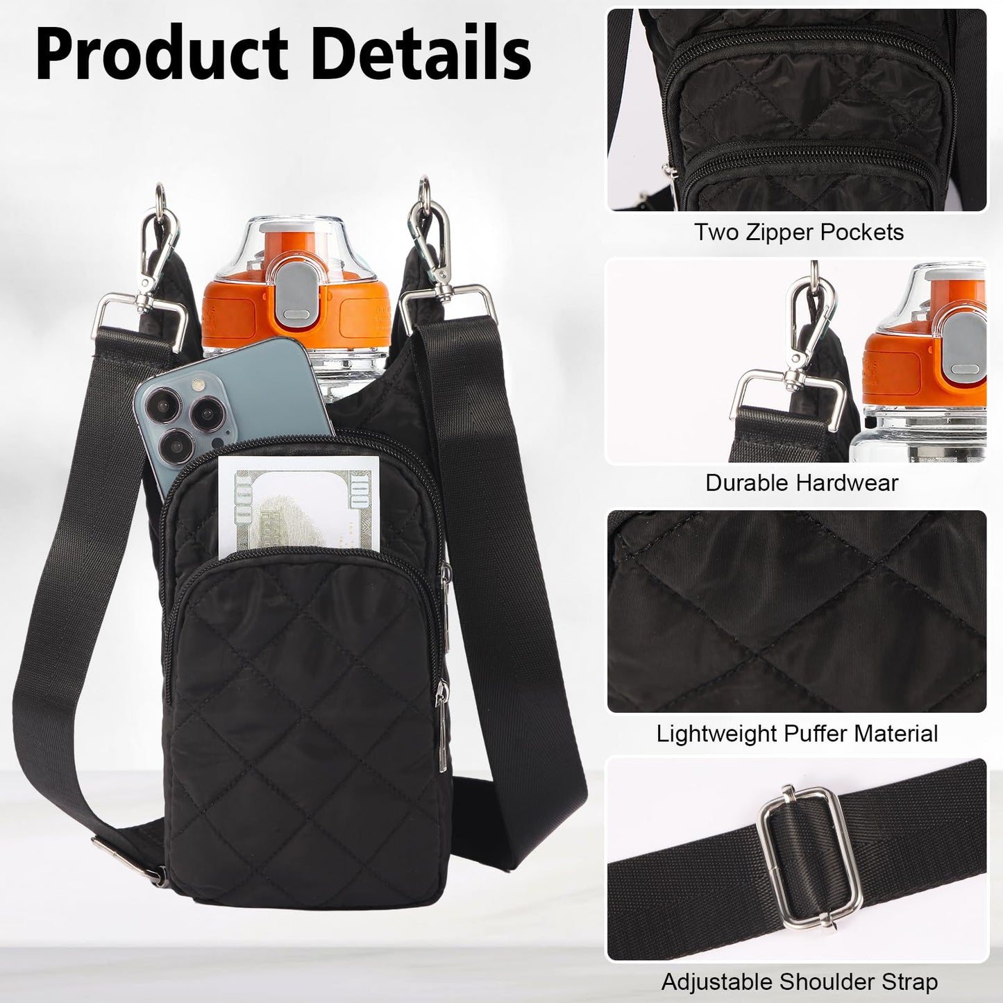 Ahdoma Water Bottle Holder with Strap Water Bottle Carrier Quilted Puffer Crossbody Sling Purse Hydro Bag for Women Walking Hiking