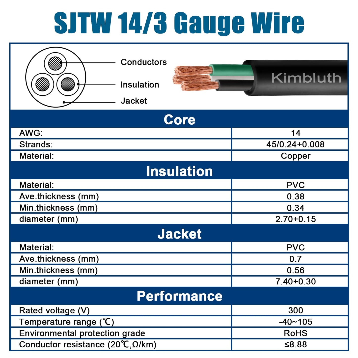Kimbluth 14 Gauge 3 Conductor Wire SJTW Outdoor Extension Power Cable 100FT, 14/3 Wire Heavy Duty Pure Copper Electrical Wire for Lawn, Battery, Automotive, Outdoors