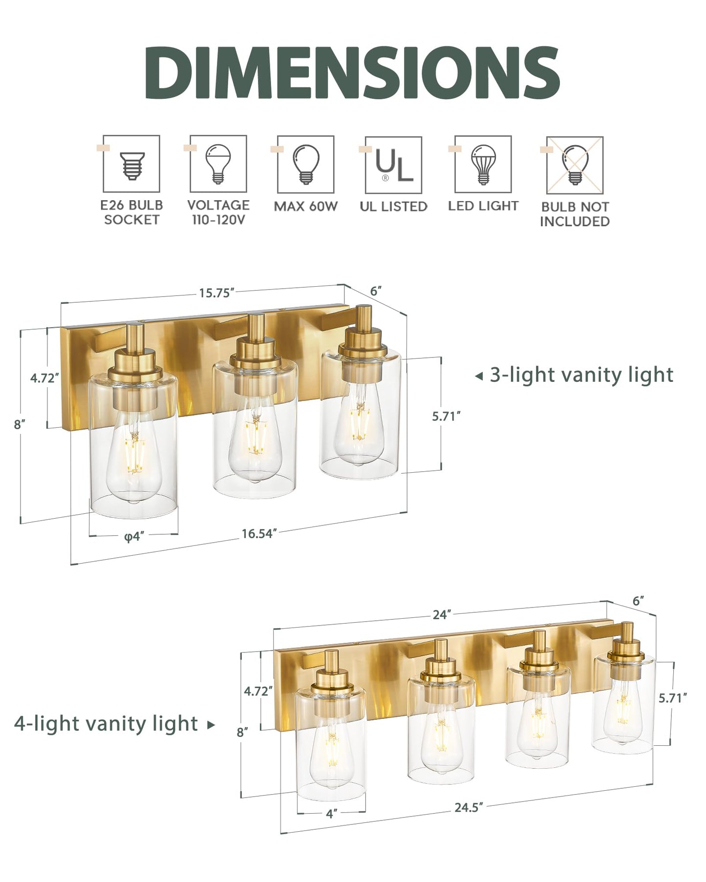 METWET 3-Light Bathroom Light Fixtures, Brushed Gold Vanity Light with Cylinder Clear Glass Shade, Modern Vanity Lighting Fixtures Over Mirror, VL143-BG-3