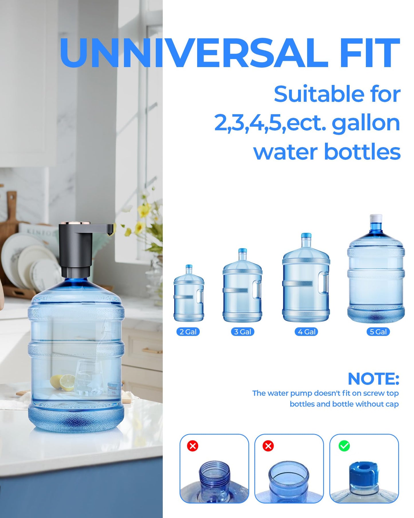 Water Bottle Pump, Portable Electric Water Dispenser Pump for 5 Gallon Bottles - USB Charging, Automatic Switch, Rechargeable Battery for Home Kitchen Room Camping, Black