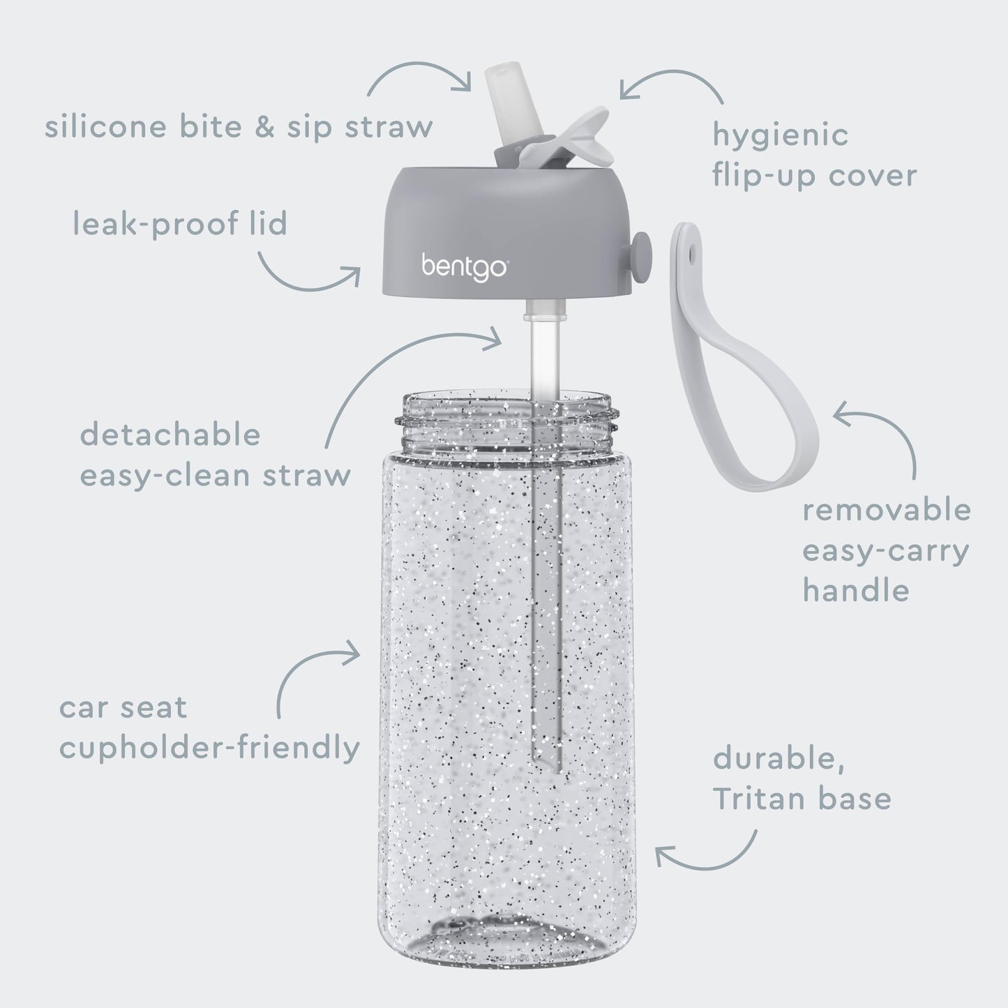 Bentgo Kids Water Bottle - Leak-Proof, Durable Tritan, BPA-Free 15 oz. Cup for Kids/Toddlers Ages 3+, Bite & Sip Spout, Carrying Handle, & Dishwasher Safe for School (Glitter Edition - Silver)