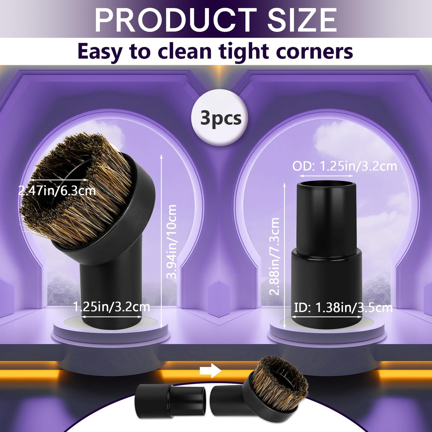 3PCS Horse Hair Brush Vacuum Attachment Set - Black Round Horse Hair Vacuum Attachments & Brushes - Shop Vac Brush Attachment for Most Vacuum Cleaners Accessories - 1 1/4" Vacuum Attachments Included