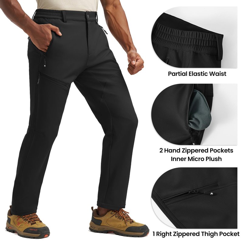YSENTO Men's Insulated Snow Ski Pants Waterproof Winter Fleece Lined Softshell Hiking Cargo Pants Zipper Pockets Black 34