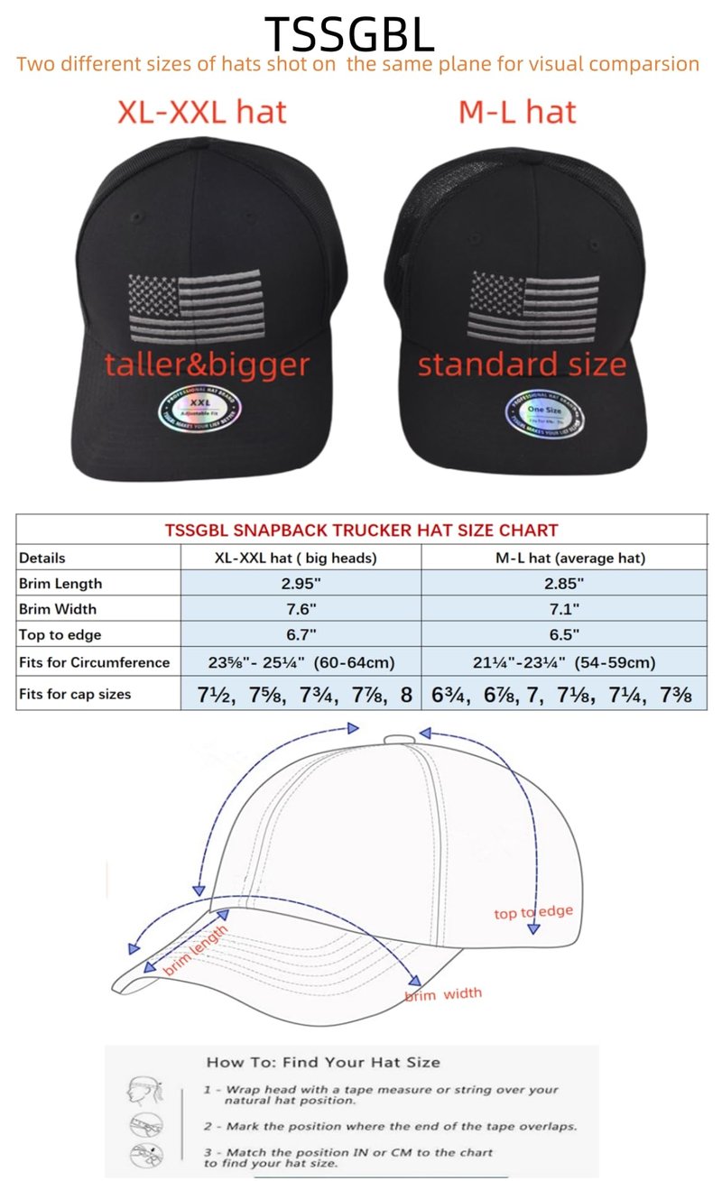 TSSGBL XL XXL Oversized Snapback Trucker Hat Baseball Caps for Big Head Men Large Deep Blank Mesh Work Ball Caps Cotton Black