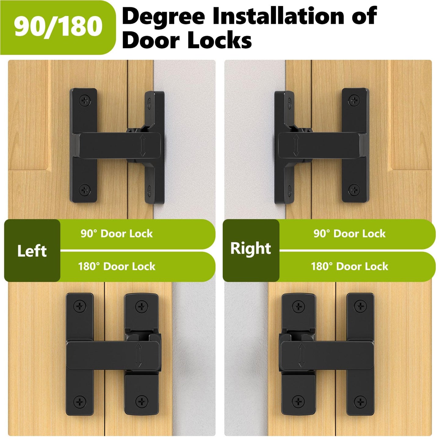 Barn Door Lock, 90/180 Degree Zinc Hardware Sliding Door Lock, Heavy Duty Flip Safety Door Latch for Screen, Cabinets, Bathrooms, Gardens, Barns, Pet Doors, Window Cabinets (Black-1Pack)