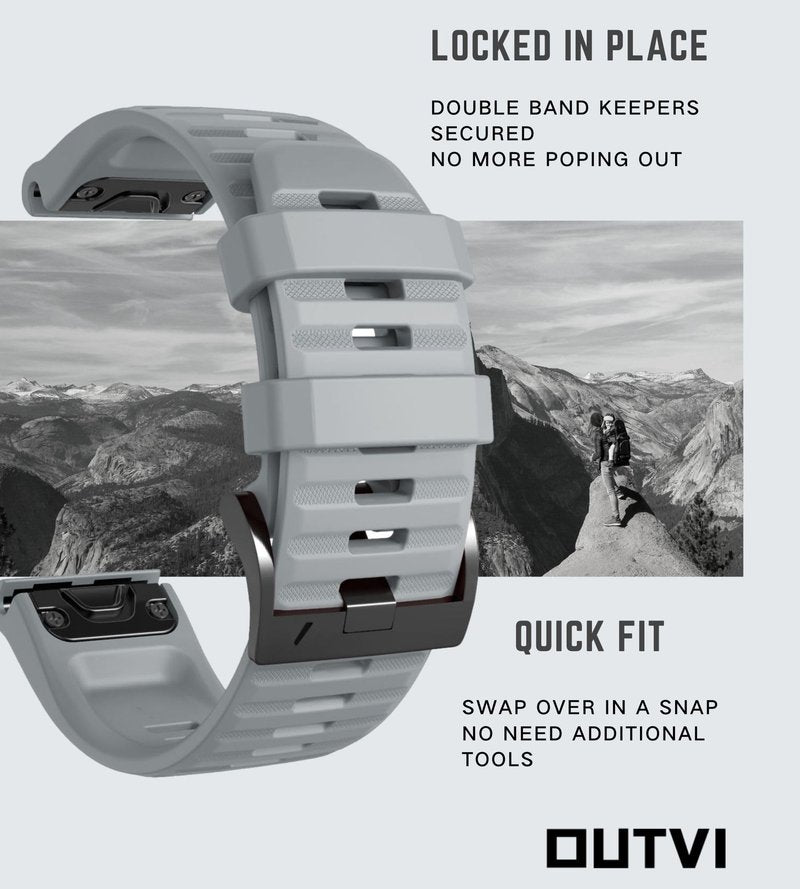 OUTVI 26mm watch band compatible with garmin fenix 5x 6x Pro 7x 3 hr rugged silicone quick fit 26 strap replacement for Epix Pro Gen 2 51mm Enduro 2 Descent Mk1 Mk2 Mk2i Mk3i tactix men women Grey
